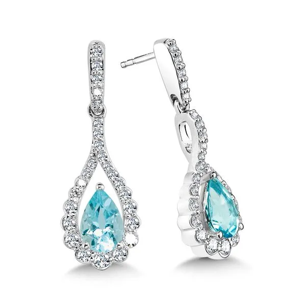 Infinity 14k white gold, diamonds and pear shaped aqua earrings Holliday Jewelry Klamath Falls, OR