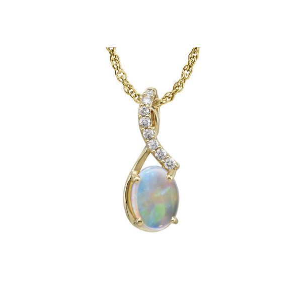 Australian opal and diamond pendant featured in 14 karat yellow gold Holliday Jewelry Klamath Falls, OR