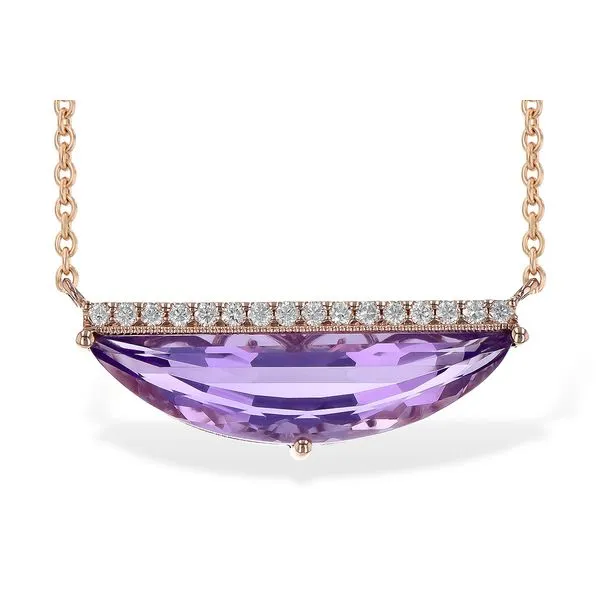 Allison Kaufman 14 karat rose gold half moon amethyst and diamond pendant. Holliday Jewelry Klamath Falls, OR