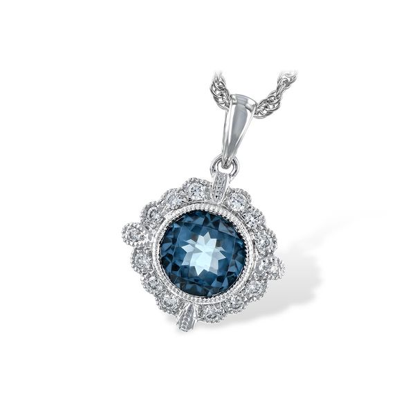 Allison Kaufman 14 karat white gold pendant with beautiful blue topaz and diamonds. Holliday Jewelry Klamath Falls, OR