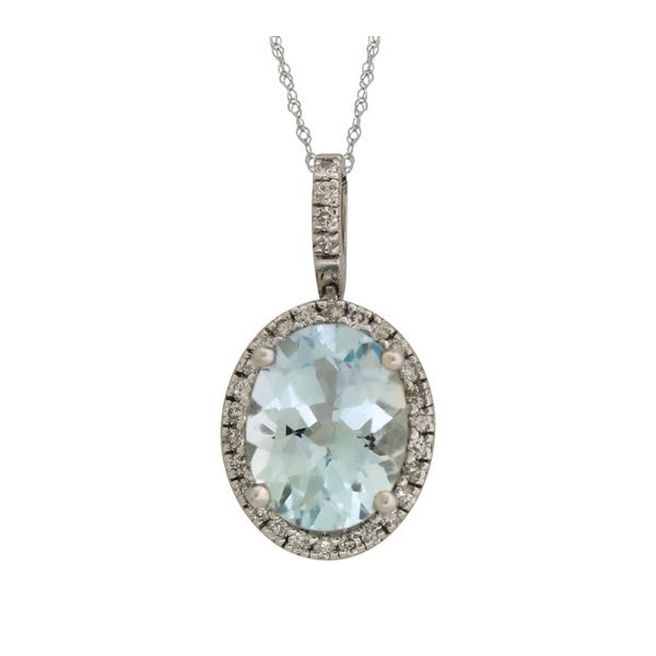 Halo design aquamarine pendant. Holliday Jewelry Klamath Falls, OR
