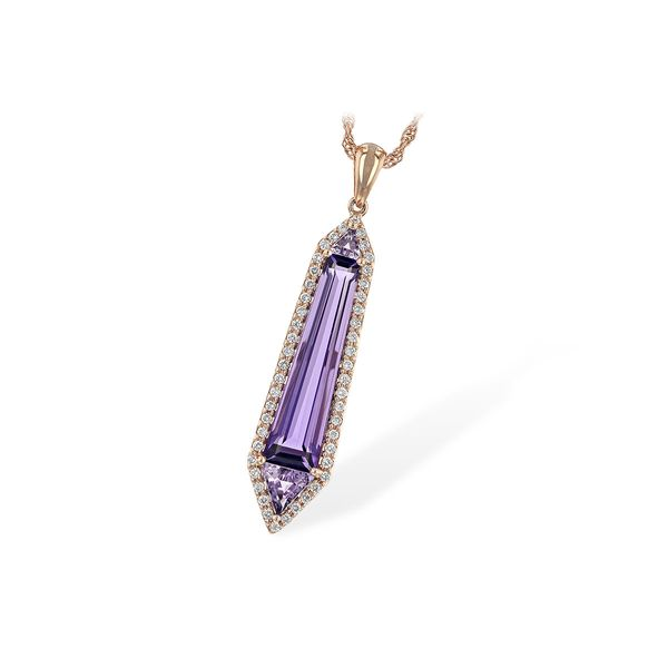 Allison Kaufman rose gold pendant with diamonds and three amethyst beautifully put together to create a unique look Holliday Jewelry Klamath Falls, OR