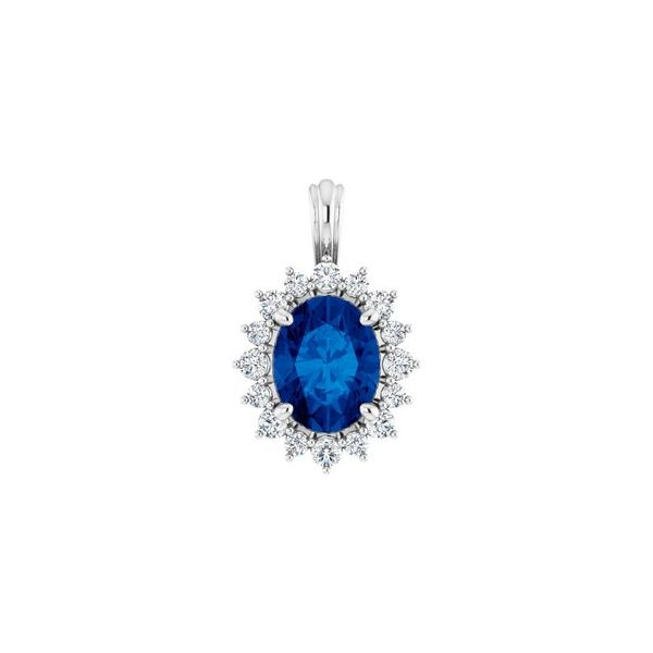Stunning created sapphire and diamond pendant. Holliday Jewelry Klamath Falls, OR