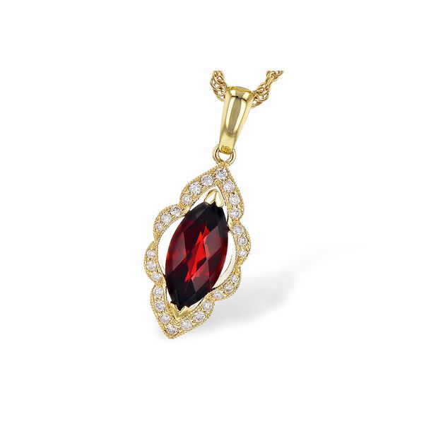 Beautiful yellow gold necklace featuring a garnet. Holliday Jewelry Klamath Falls, OR