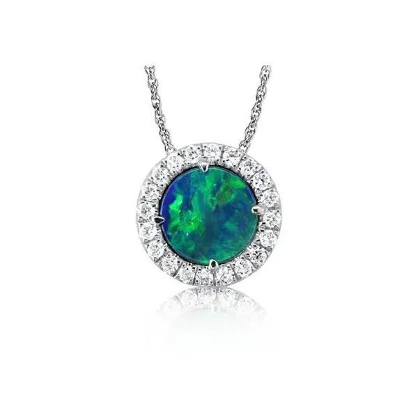 Australian opal doublet halo style necklace. Holliday Jewelry Klamath Falls, OR