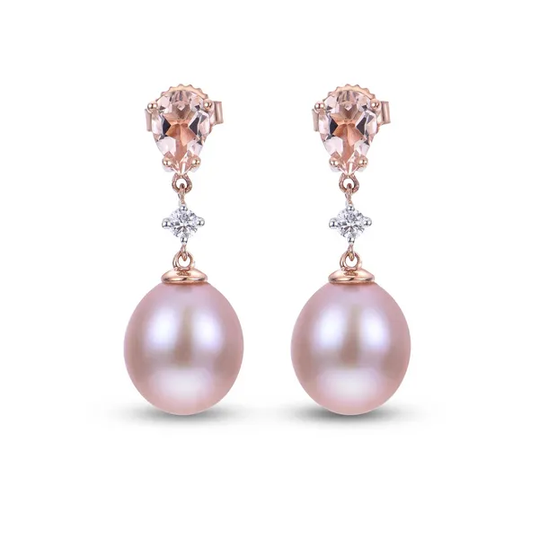 Stunning natural pink pearls set with morganite & diamond in rose gold earrings Holliday Jewelry Klamath Falls, OR
