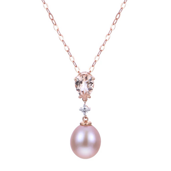 Stunning natural pink pearl pendant set in rose gold accented with a diamond & morganite Holliday Jewelry Klamath Falls, OR