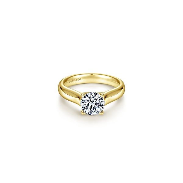 Classic yellow gold solitaire engagement ring by Gabriel & Co. *Center not included. Holliday Jewelry Klamath Falls, OR