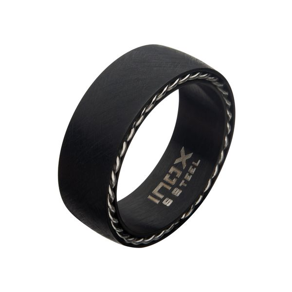 STAINLESS STEEL RING MATTE BLACK SAND FINISH CHAIN INLAY Holliday Jewelry Klamath Falls, OR