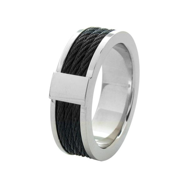 Rugged stainless steel cable inlay band. Holliday Jewelry Klamath Falls, OR