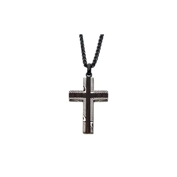 Exqusiite Ebony Wood Inlay Stainless Steel Damascus Cross Pendant Holliday Jewelry Klamath Falls, OR