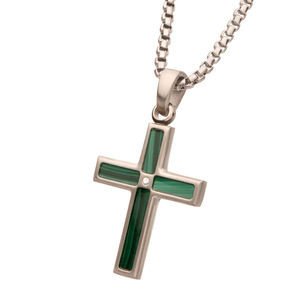 STAINLESS STEEL MALACHITE INLAY CROSS PENDANT Holliday Jewelry Klamath Falls, OR