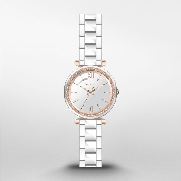 White ceramic and rose gold colored stainless steel Fossil watch. Holliday Jewelry Klamath Falls, OR