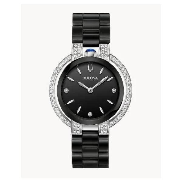 Bulova Rubaiyat smooth black ceramic and stainless steel case, 73 diamonds individually hand set on case,  iconic dye struck “ Holliday Jewelry Klamath Falls, OR