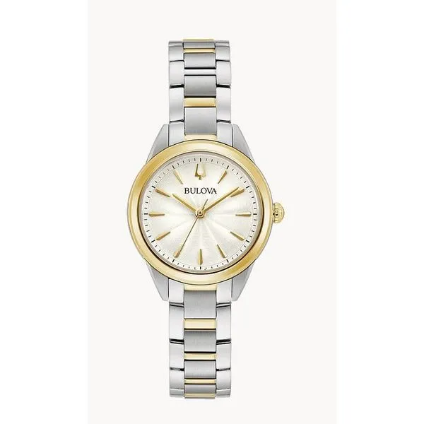 Bulova Sutton Two-tone stainless steel, gold-tone hands and markers. Domed mineral crystal. Holliday Jewelry Klamath Falls, OR