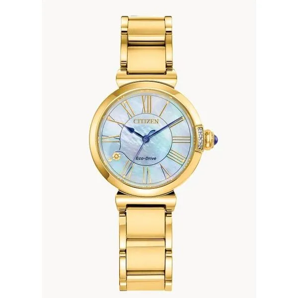 Citizen L Mae Collection Goldtone and Mother of Pearl Stainless Steel Eco-Drive Watch Caliber E031. Holliday Jewelry Klamath Falls, OR