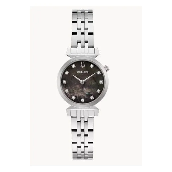 Bulova Regatta features a lustrous black mother-of-pearl dial set with 11 diamonds, flat sapphire crystal, slim quartz movement, and water resistance  Holliday Jewelry Klamath Falls, OR