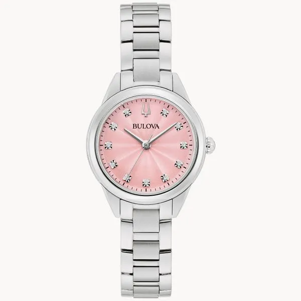 Bulova pink sunray dial with diamonds markers for a fun pop of color. Holliday Jewelry Klamath Falls, OR