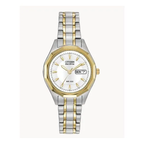 An unexpected 12-sided bezel lends a dash of extra style to this 3-hand Citizen Eco-Drive in stainless steel two-tone with 27mm screw-back case. Holliday Jewelry Klamath Falls, OR