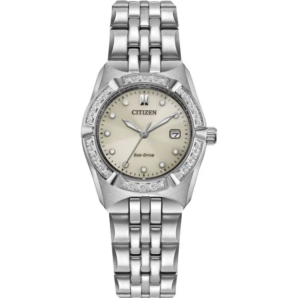 Classic Corso eco drive with a diamond bezel in silver tone stainless steel, taupe dial, luminous hands Holliday Jewelry Klamath Falls, OR