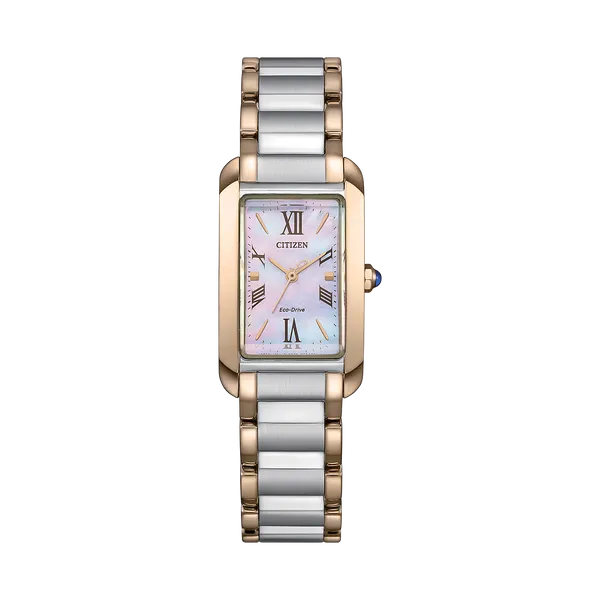 Stylish rose gold tone & stainless steel rectangular case  with mother of pearl dial, roman numeral with sapphire crystal Holliday Jewelry Klamath Falls, OR