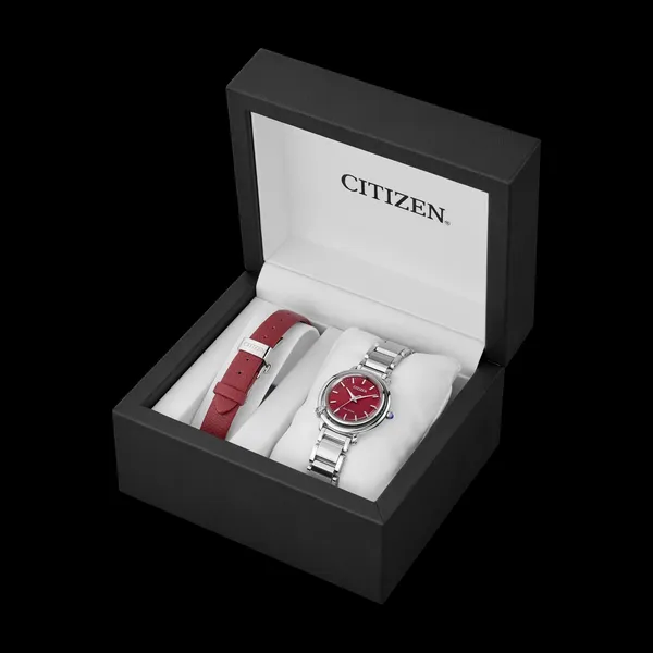 Classic & Romance meet with this versitile stainless steel & interchangeable red leather band on a eco- drive ladies watch Holliday Jewelry Klamath Falls, OR