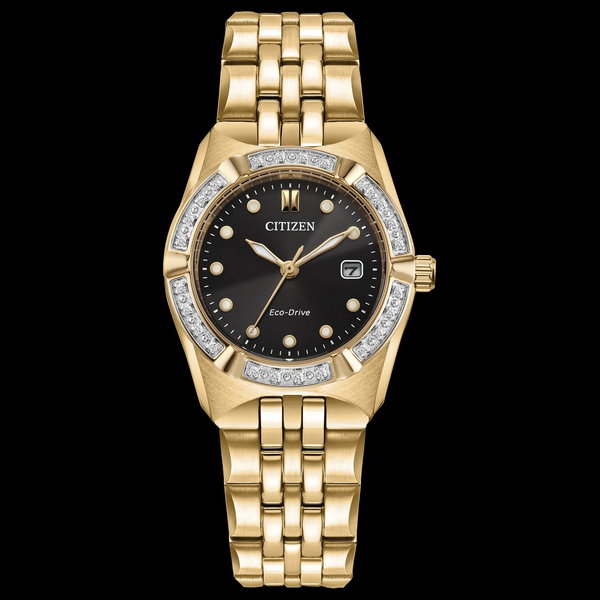 Elegant Corso timepiece gold tone stainless steel, black dia | Holliday Jewelry | Klamath Falls, OR Elegant Corso timepiece gold tone stainless steel, black dia | Holliday Jewelry | Klamath Falls, OR