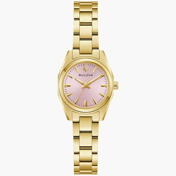 Modern timepiece with flat sapphire crystal, pink dial, gold-tone bracelet that is a perfect everyday companian Holliday Jewelry Klamath Falls, OR