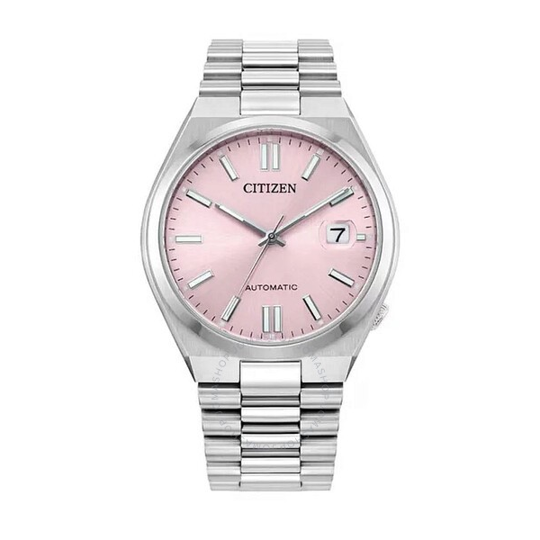 Automatic stainless steel with pastel pink dial, scratch resistant sapphire crystal and transparent see through case back Holliday Jewelry Klamath Falls, OR