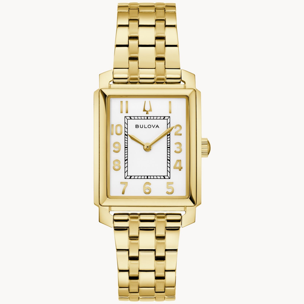 Sophisticated rectagular enameled dial with gold tone accents, mineral crystral and gold tone bracelet for exceptional style Holliday Jewelry Klamath Falls, OR