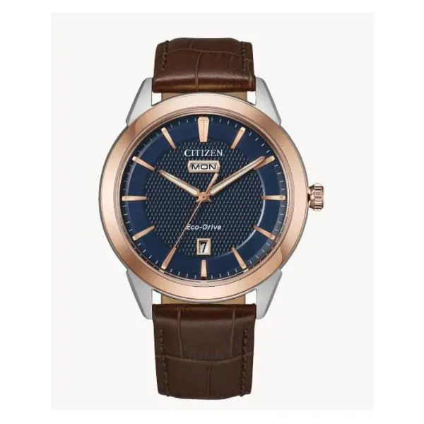 With a 40mm, stainless-steel rose-gold tone case and brown leather strap, Citizen’s Corso watch has a navy dial, rose-gold acc Holliday Jewelry Klamath Falls, OR