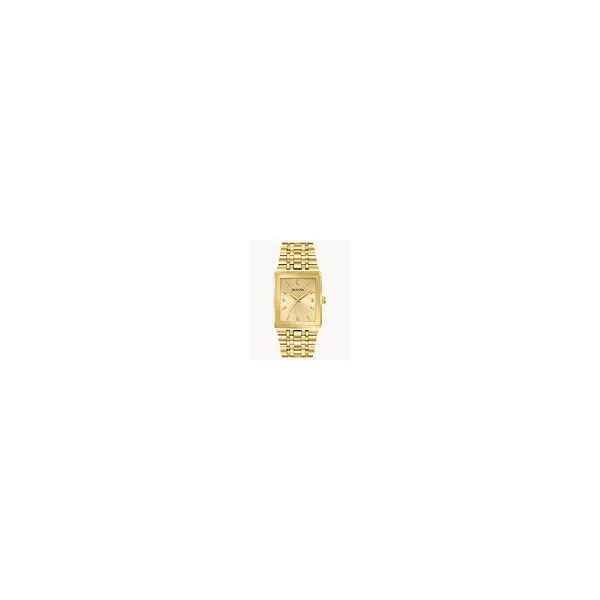 Tank style Gold tone stainless steel case with edge to edge faceted metalizing mineral crystal. Champagne dial with three diamon Holliday Jewelry Klamath Falls, OR