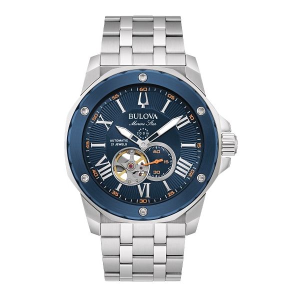 Bulova Marine Star men’s watch combines classic nautical styling with a silver-tone stainless steel case and band, a flat mine Holliday Jewelry Klamath Falls, OR