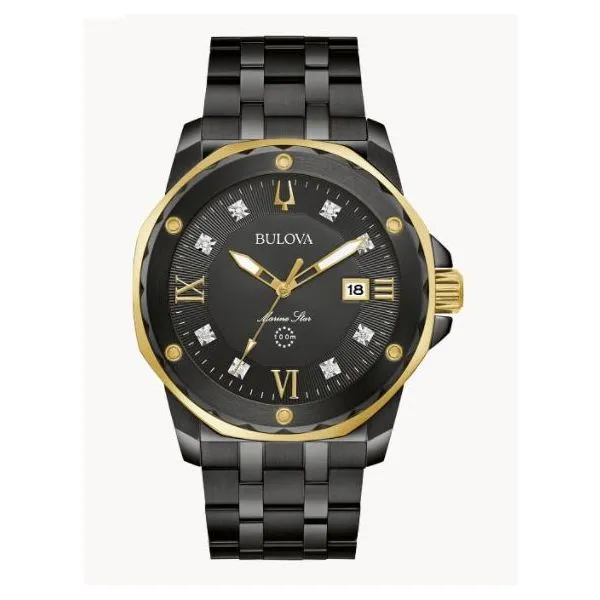 Bulova from the Marine Star Collection, in black ion-plated stainless steel features a black sunray dial with eight individually Holliday Jewelry Klamath Falls, OR