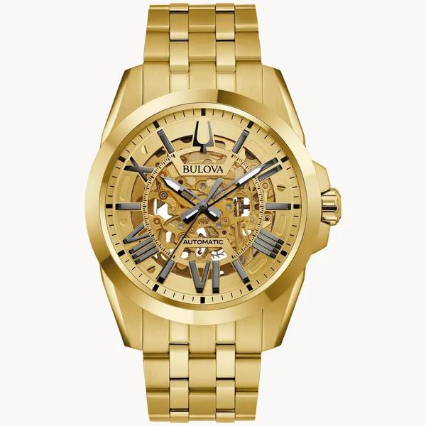 Gold-tone stainless steel, open aperture, Miyota 8N24 21-jewel automatic skeletonized movement. Holliday Jewelry Klamath Falls, OR