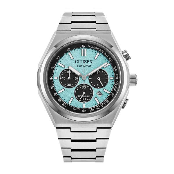 Stylish silver-tone Super titanium series chronograph with textured light blue face and  stylish  stepped pushers for Holliday Jewelry Klamath Falls, OR