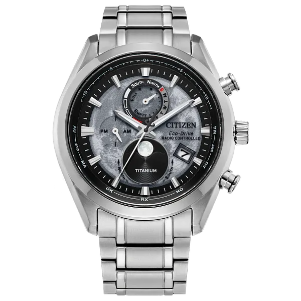Tsuki-yomi A-T is reading the moon. It’s the world’s first moonphase watch combined with atomic timekeeping, Eco drive, radio controlled,titanium  Holliday Jewelry Klamath Falls, OR