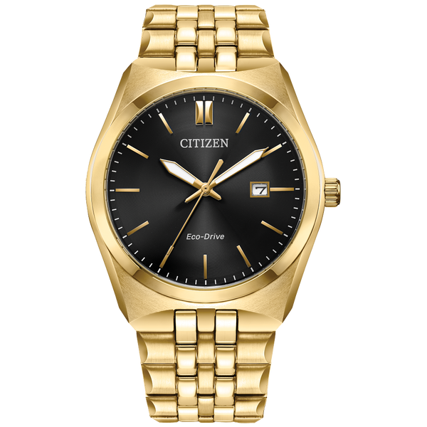Classic Citizen timepiece eco-drive, yellow tone stainless steel with black dial where elegance and modern technology meet Holliday Jewelry Klamath Falls, OR