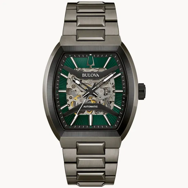 BULOVA MAQUINA GUN METAL STAINLESS STEEL AUTOMATIC, GREEN FACED WATCH Holliday Jewelry Klamath Falls, OR