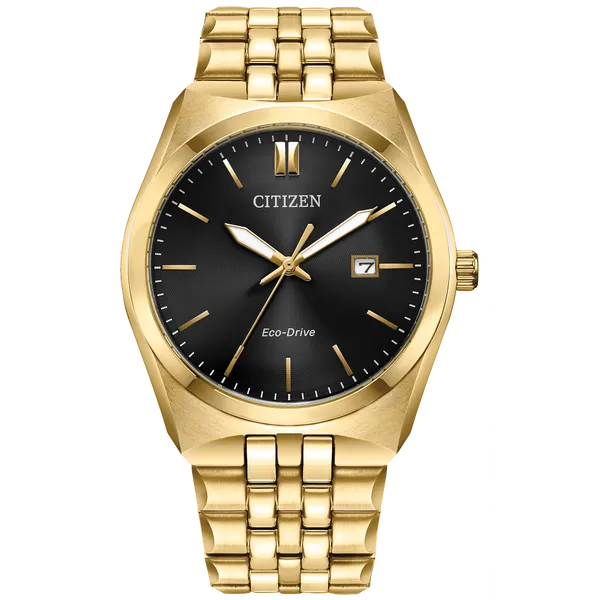Classic Citizen timepiece eco-drive, yellow tone stainless steel with black dial where elegance and modern technology meet Holliday Jewelry Klamath Falls, OR