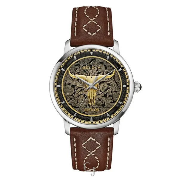 The Bulova x Stetson Longhorn Black Dial Men’s Watch with a polished brass case,sapphire crystal and a gold-tone Texas Longhorn skull Holliday Jewelry Klamath Falls, OR