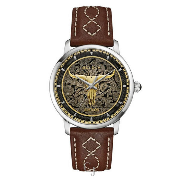 The Bulova x Stetson Longhorn Black Dial Men’s Watch with a polished brass case,sapphire crystal and a gold-tone Texas Longhorn skull Holliday Jewelry Klamath Falls, OR
