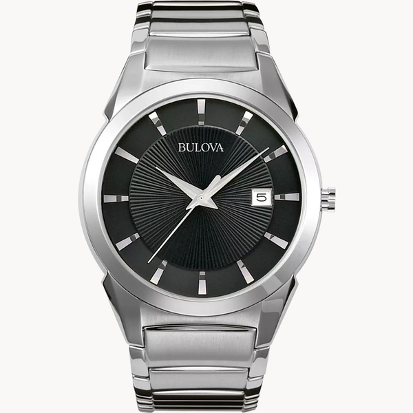 Classic Collection. In stainless steel with domed crystal, patterned black dial, calendar, second hand, and secure double-press fold-over clasp. Holliday Jewelry Klamath Falls, OR