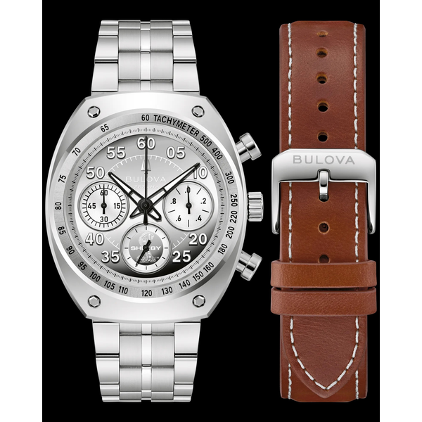 BULOVA SHELBY RACER CHRONOGRAPH STAINLESS STEEL/LEATHER BAND Holliday Jewelry Klamath Falls, OR