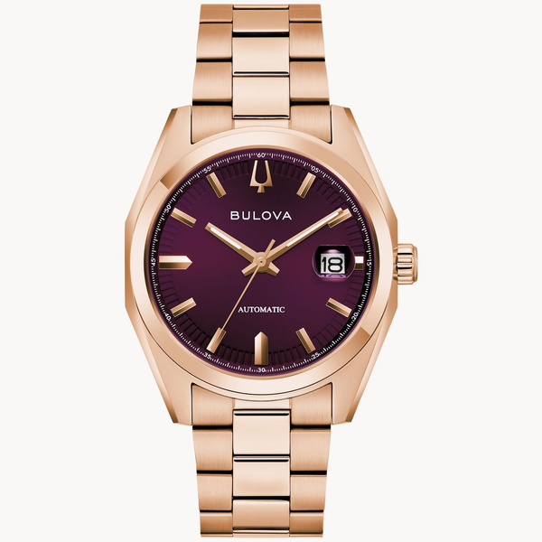 BULOVA AUTOMATIC AUBERGINE DIAL ROSE TONE STAINLESS STEEL WATCH Holliday Jewelry Klamath Falls, OR