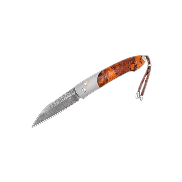The Bolt 'Vista' automatic opener features a lightweight and durable titanium frame, inlaid with Desert Ironwood scales. The blade is hand-forged 'Mea Holliday Jewelry Klamath Falls, OR