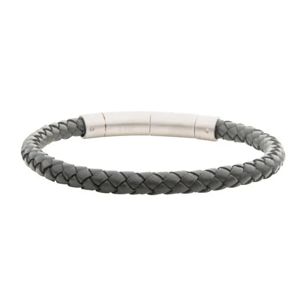 Gray leather bracelet with stainless steel clasp. Holliday Jewelry Klamath Falls, OR