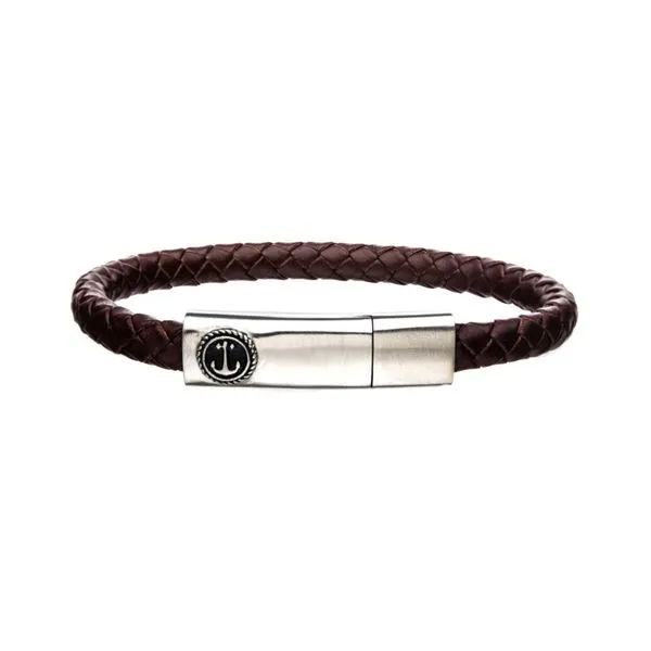 Stainless steel bracelet brown leather band. Holliday Jewelry Klamath Falls, OR