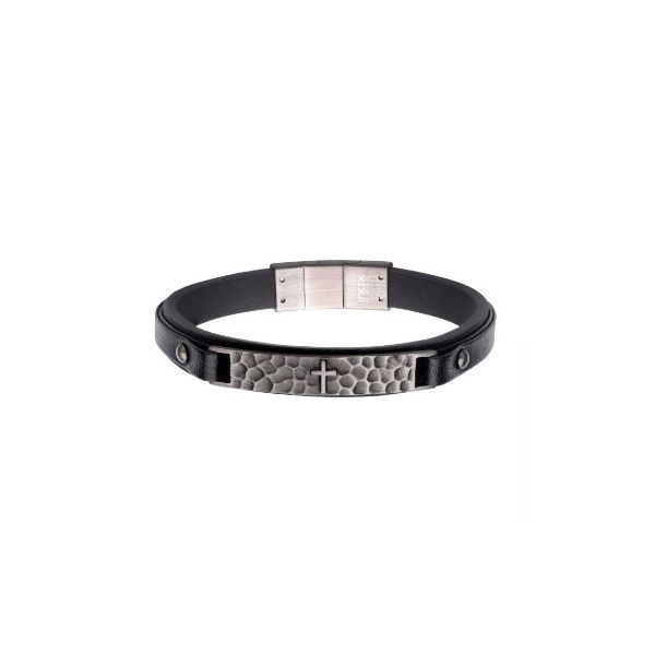 Stylish black leather strap with a hammered cross ID bracelet Holliday Jewelry Klamath Falls, OR