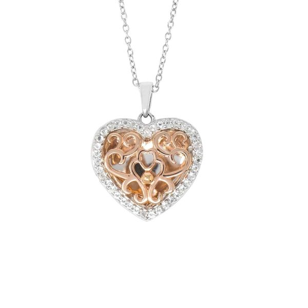 With You Locket, The Mary, two tone  heart shaped locket necklace. Holliday Jewelry Klamath Falls, OR